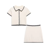 Color blocked border knit short sleeved cardigan+hip hugging skirt set